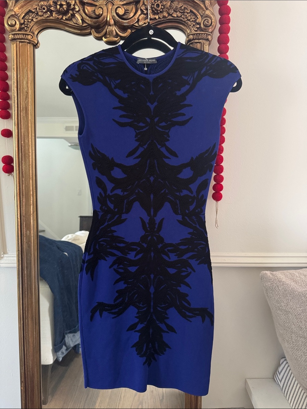 Alexander McQueen Royal Blue Mini Dress with Black Appliqué